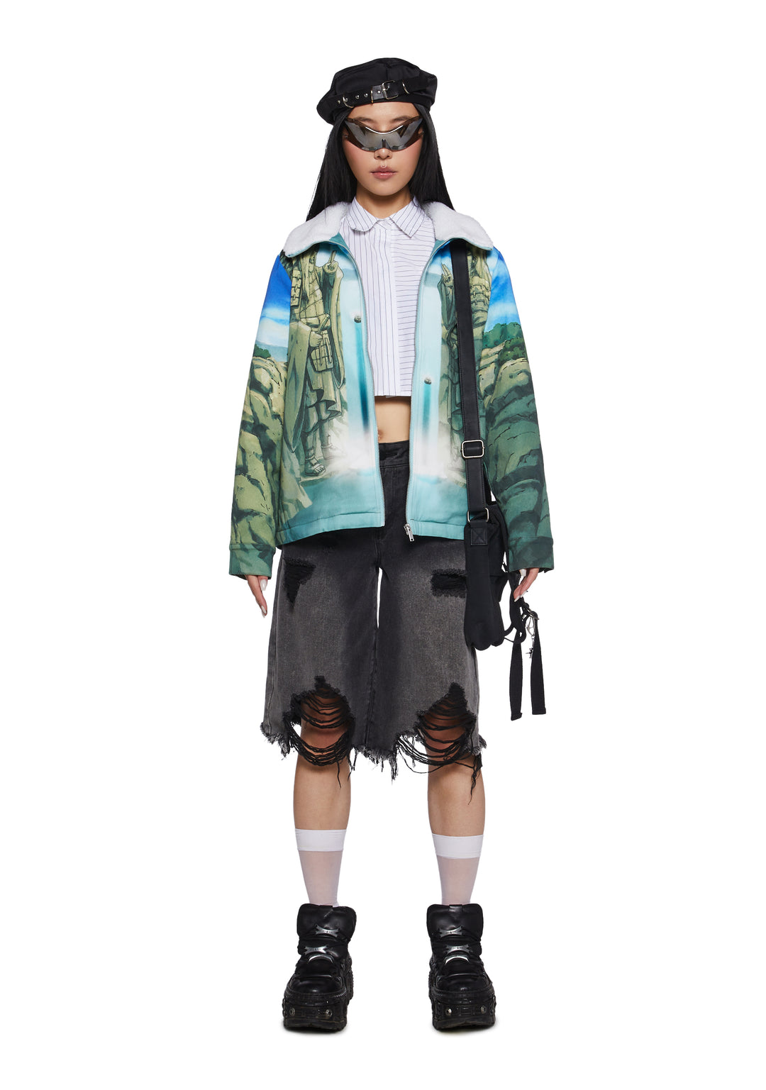 Dolls Kill x NARUTO SHIPPUDEN The Valley Of The End Graphic Print Sherpa Trucker Jacket - Multi - Image 7