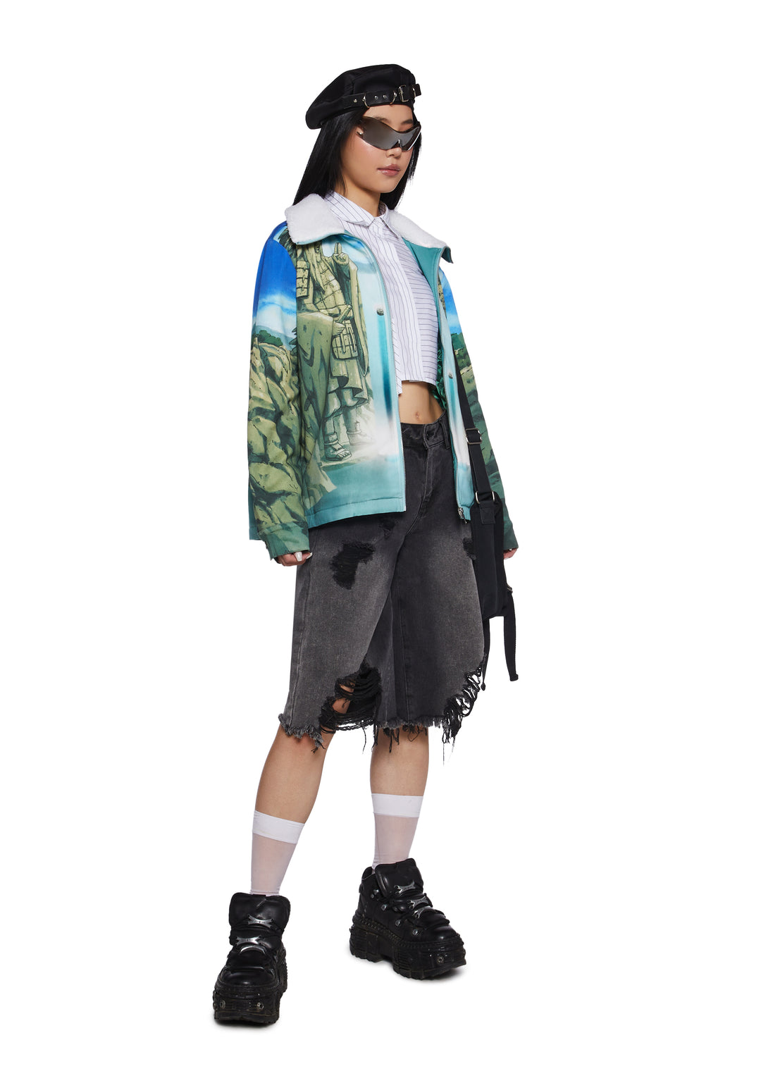 Dolls Kill x NARUTO SHIPPUDEN The Valley Of The End Graphic Print Sherpa Trucker Jacket - Multi - Image 2