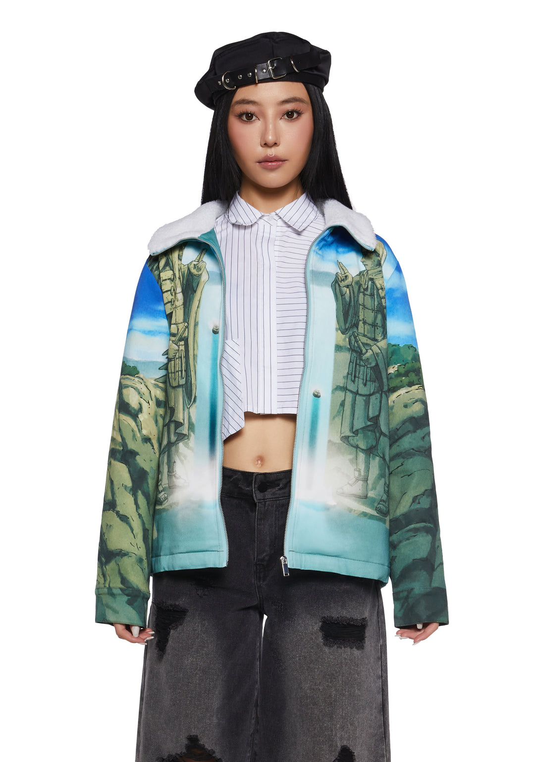 Dolls Kill x NARUTO SHIPPUDEN The Valley Of The End Graphic Print Sherpa Trucker Jacket - Multi - Image 5