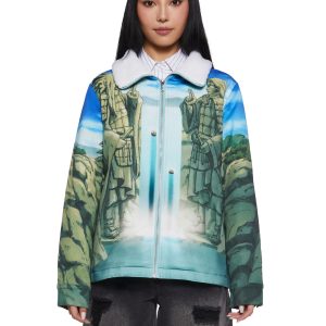 Dolls Kill x NARUTO SHIPPUDEN The Valley Of The End Graphic Print Sherpa Trucker Jacket - Multi