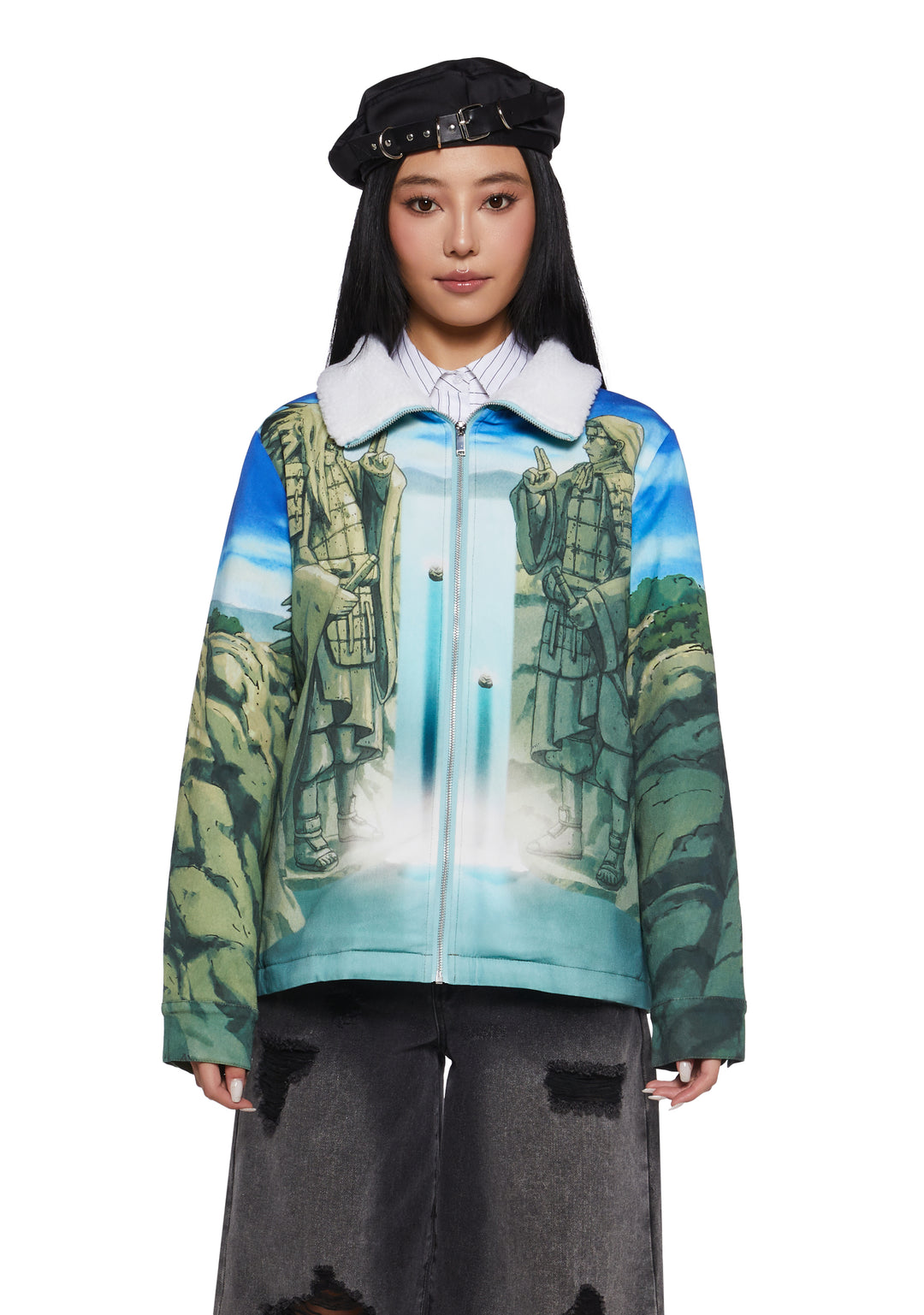Dolls Kill x NARUTO SHIPPUDEN The Valley Of The End Graphic Print Sherpa Trucker Jacket - Multi