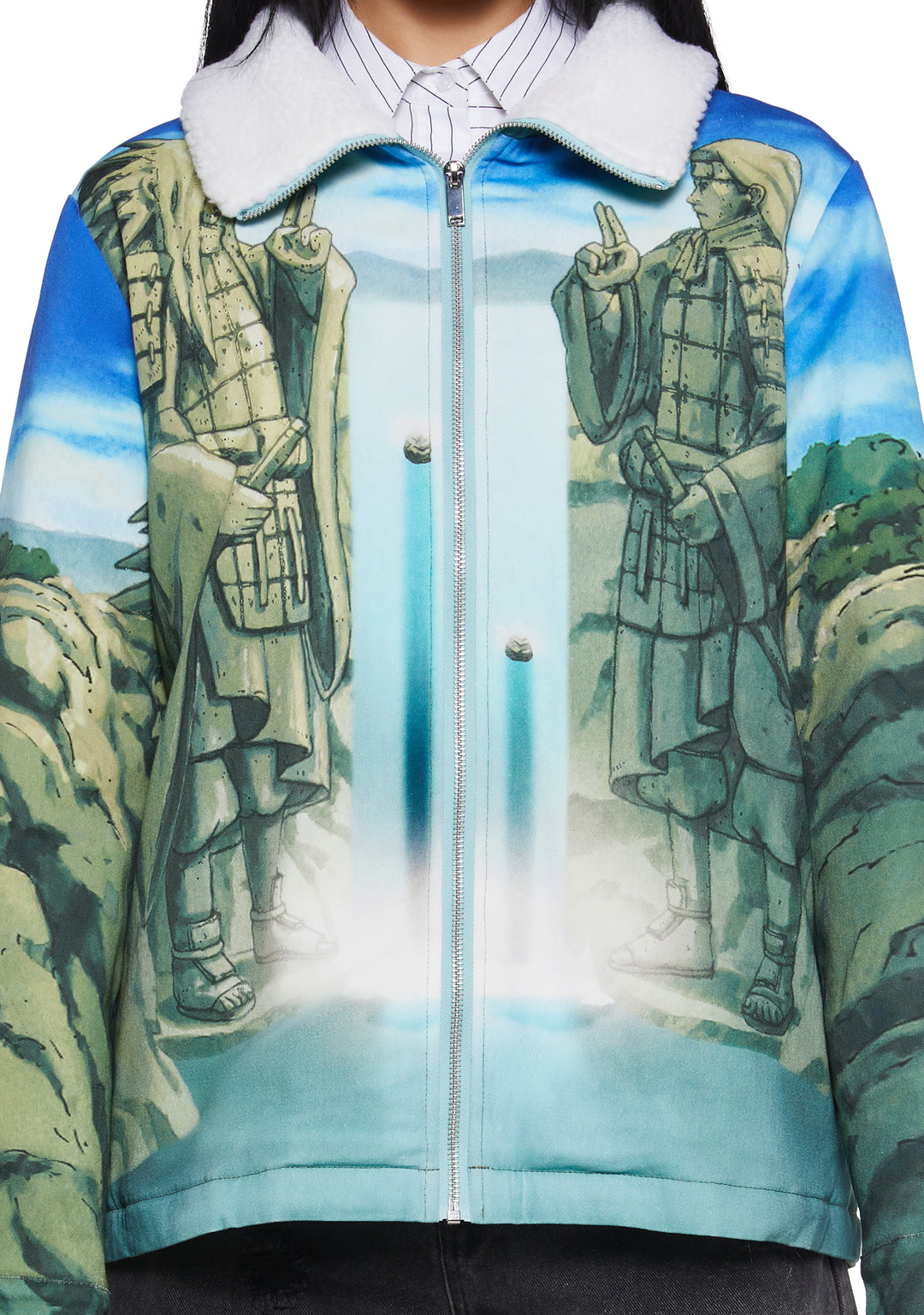 Dolls Kill x NARUTO SHIPPUDEN The Valley Of The End Graphic Print Sherpa Trucker Jacket - Multi - Image 8