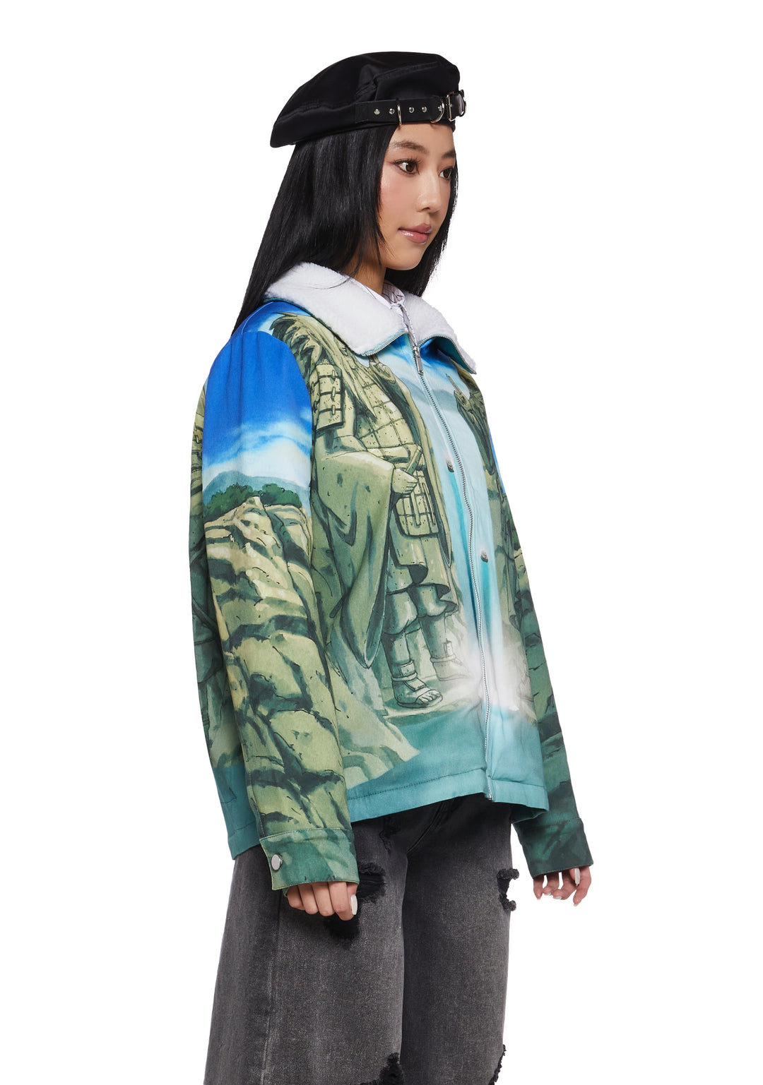Dolls Kill x NARUTO SHIPPUDEN The Valley Of The End Graphic Print Sherpa Trucker Jacket - Multi - Image 3