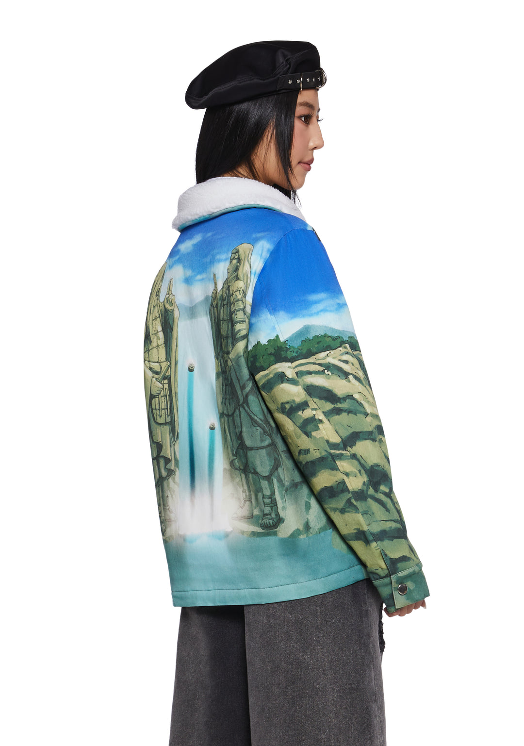 Dolls Kill x NARUTO SHIPPUDEN The Valley Of The End Graphic Print Sherpa Trucker Jacket - Multi - Image 4