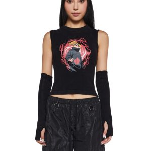 Dolls Kill x NARUTO SHIPPUDEN Deidara Graphic Print Sleeveless Knit Sweater Top And Arm Warmers Set - Black