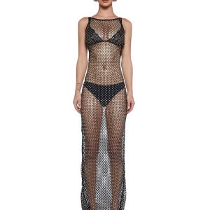 Sheer Fishnet Crystal Open-Back Maxi Dress Current Mood - Black