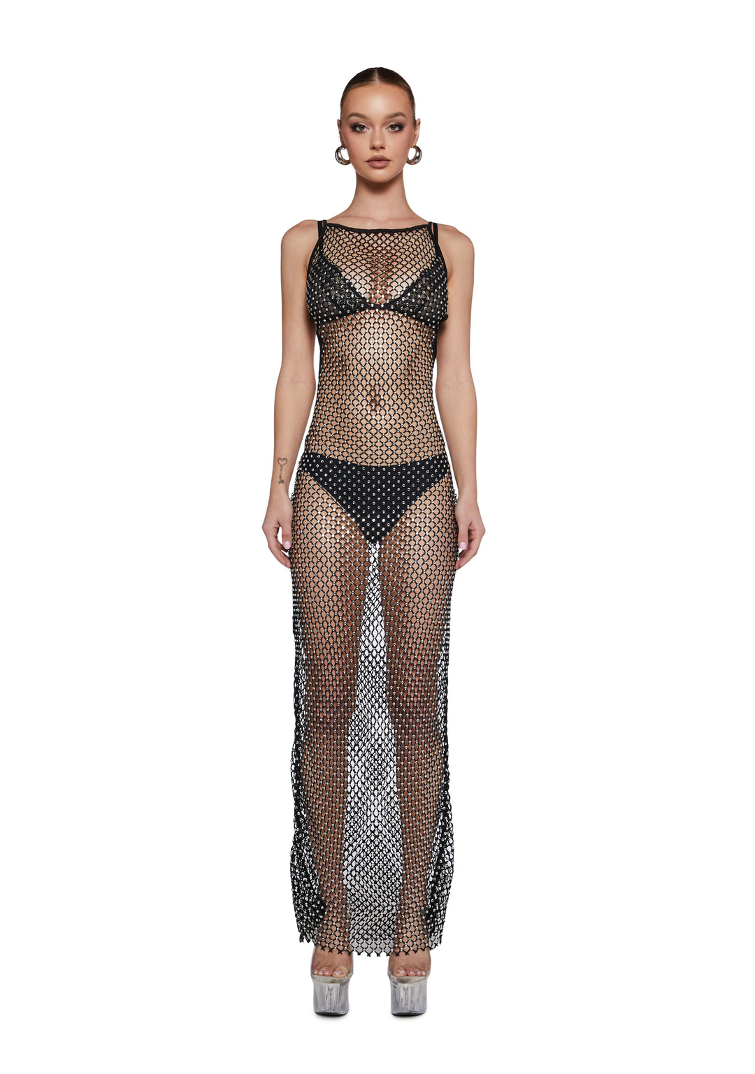 Sheer Fishnet Crystal Open-Back Maxi Dress Current Mood - Black