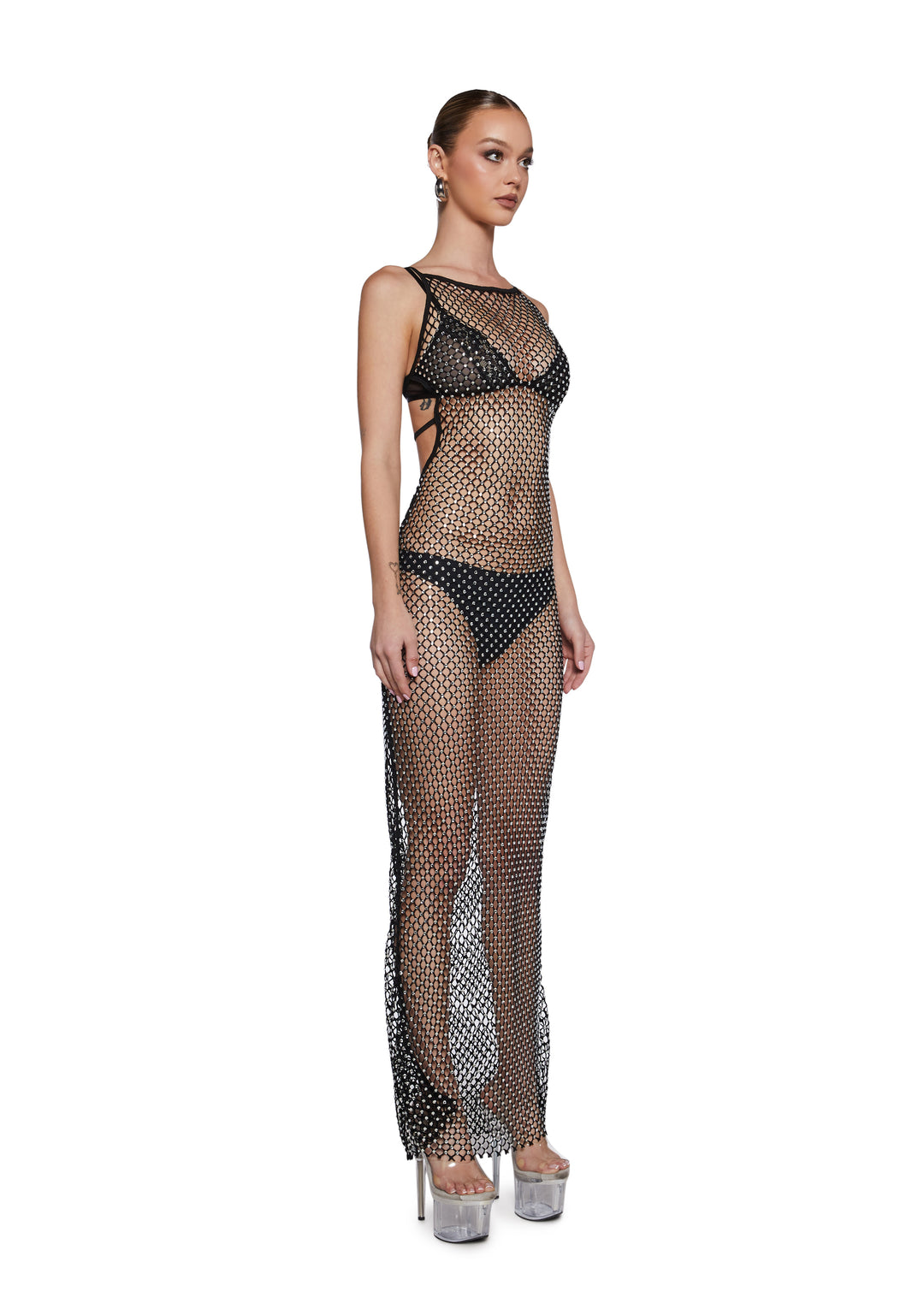 Sheer Fishnet Crystal Open-Back Maxi Dress Current Mood - Black - Image 3