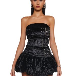 Womens Sexy Strapless Velvet Dress With Buckles New Years Eve Current Mood - Black