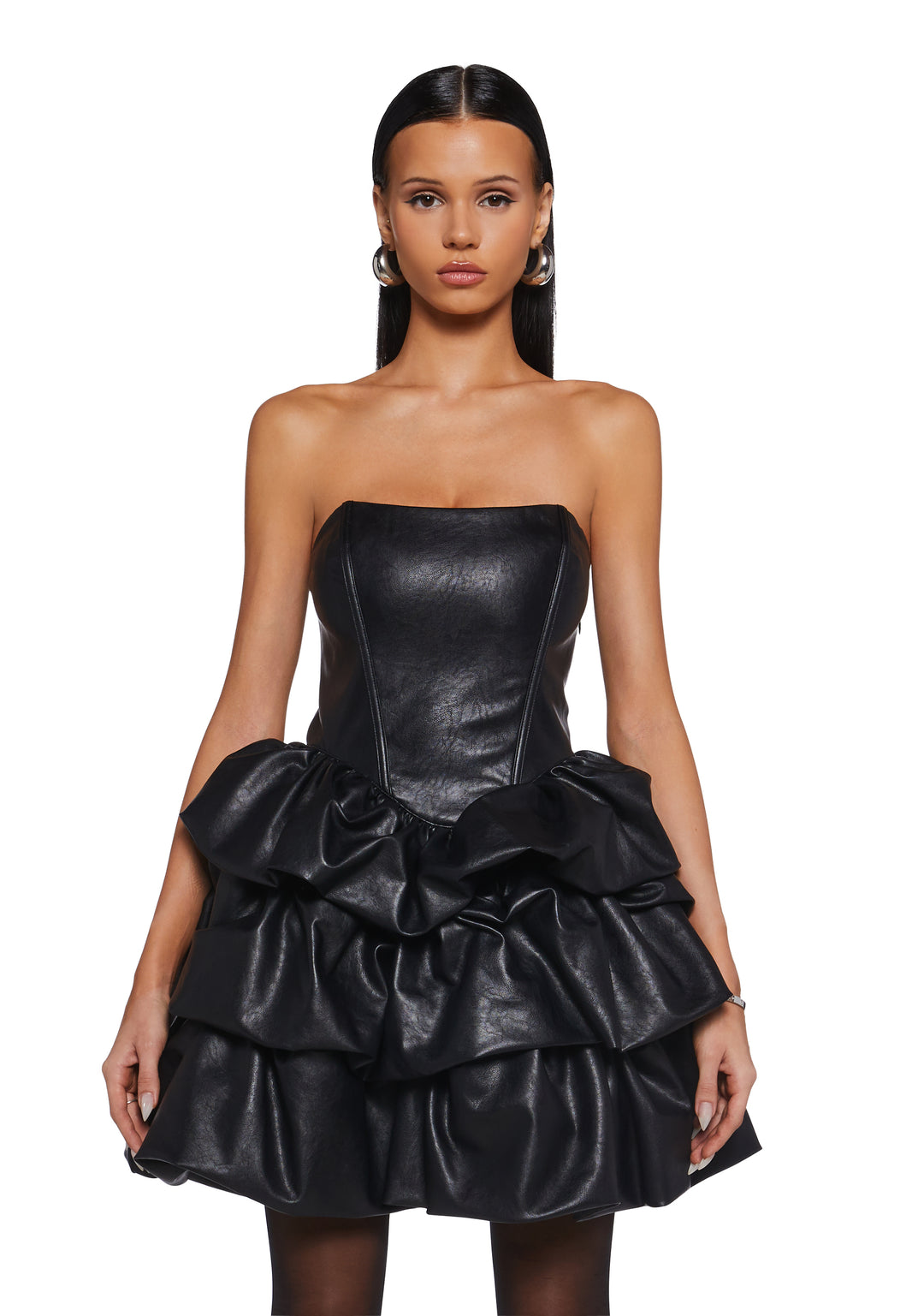 Womens Sexy Vegan Leather Strapless Mini Dress Special Occasion Current Mood - Black