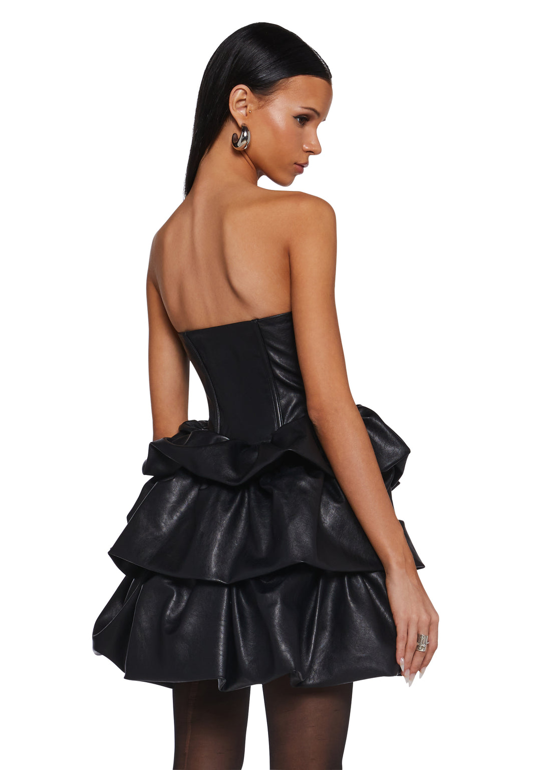 Womens Sexy Vegan Leather Strapless Mini Dress Special Occasion Current Mood - Black - Image 4