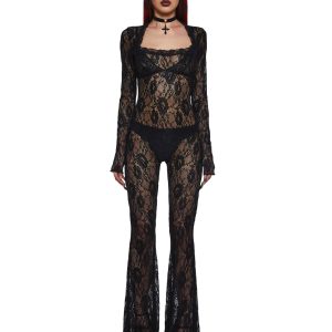 Sheer Lace Long Sleeve Open Back Jumpsuit Widow - Black