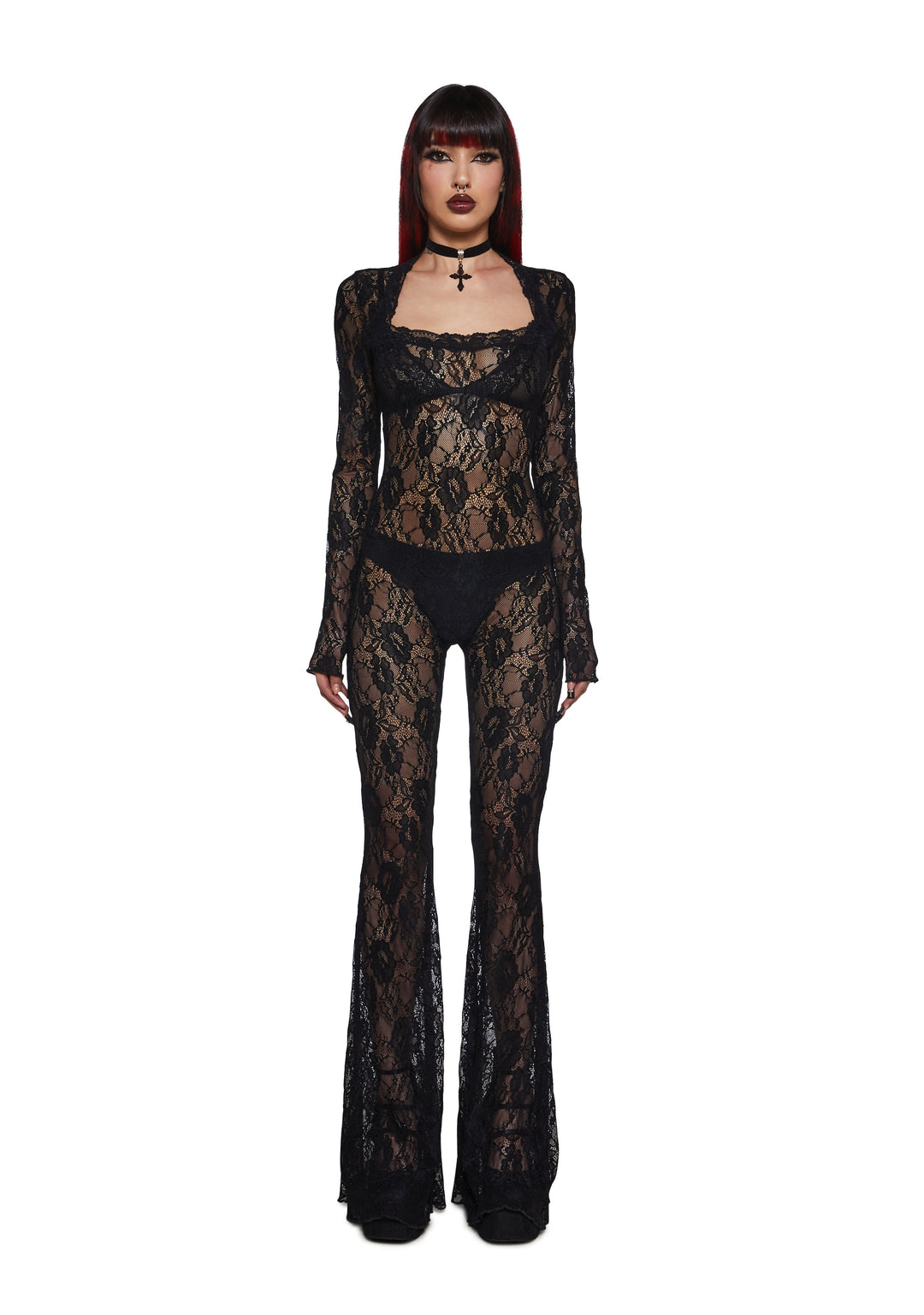Sheer Lace Long Sleeve Open Back Jumpsuit Widow - Black