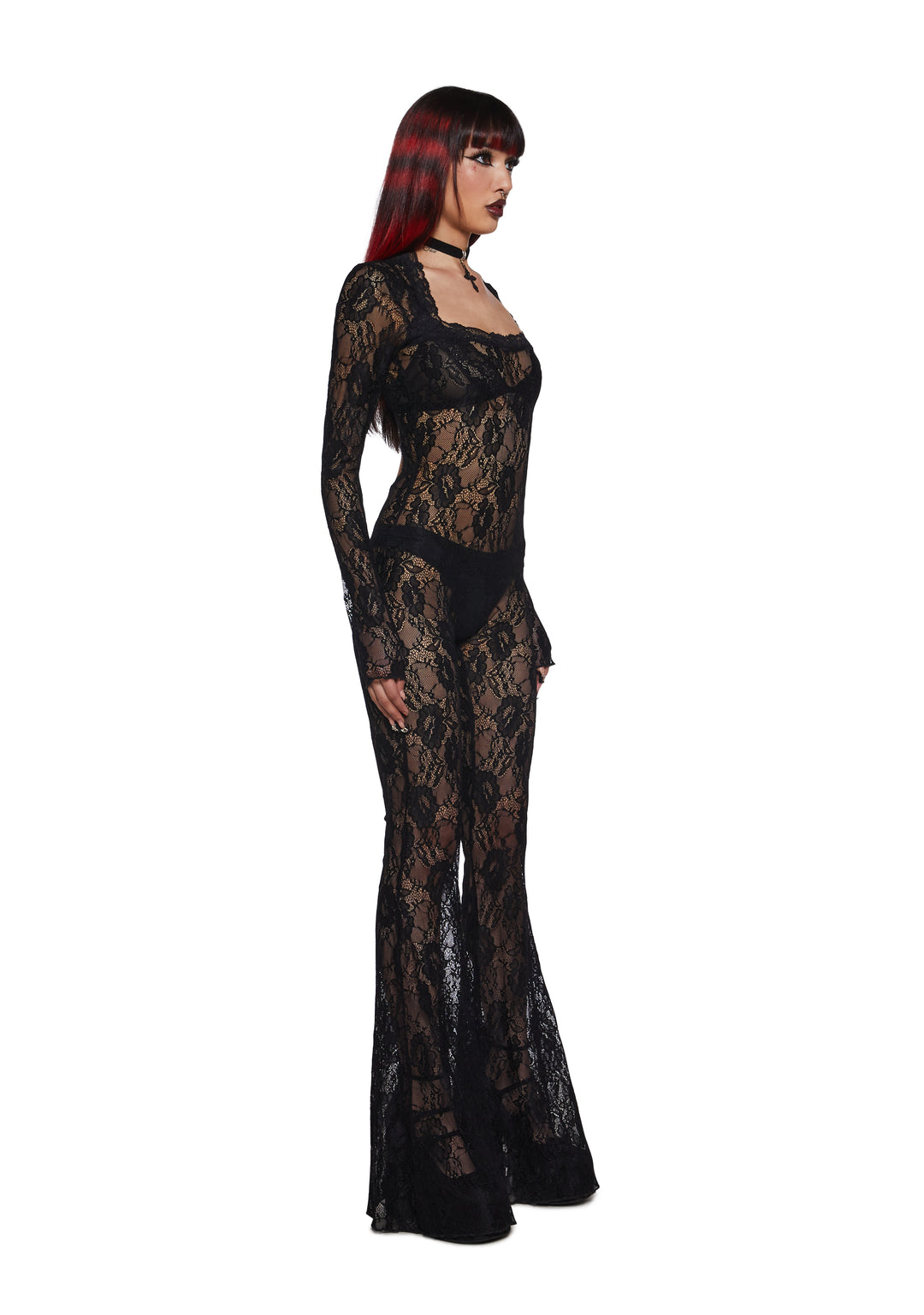 Sheer Lace Long Sleeve Open Back Jumpsuit Widow - Black - Image 3