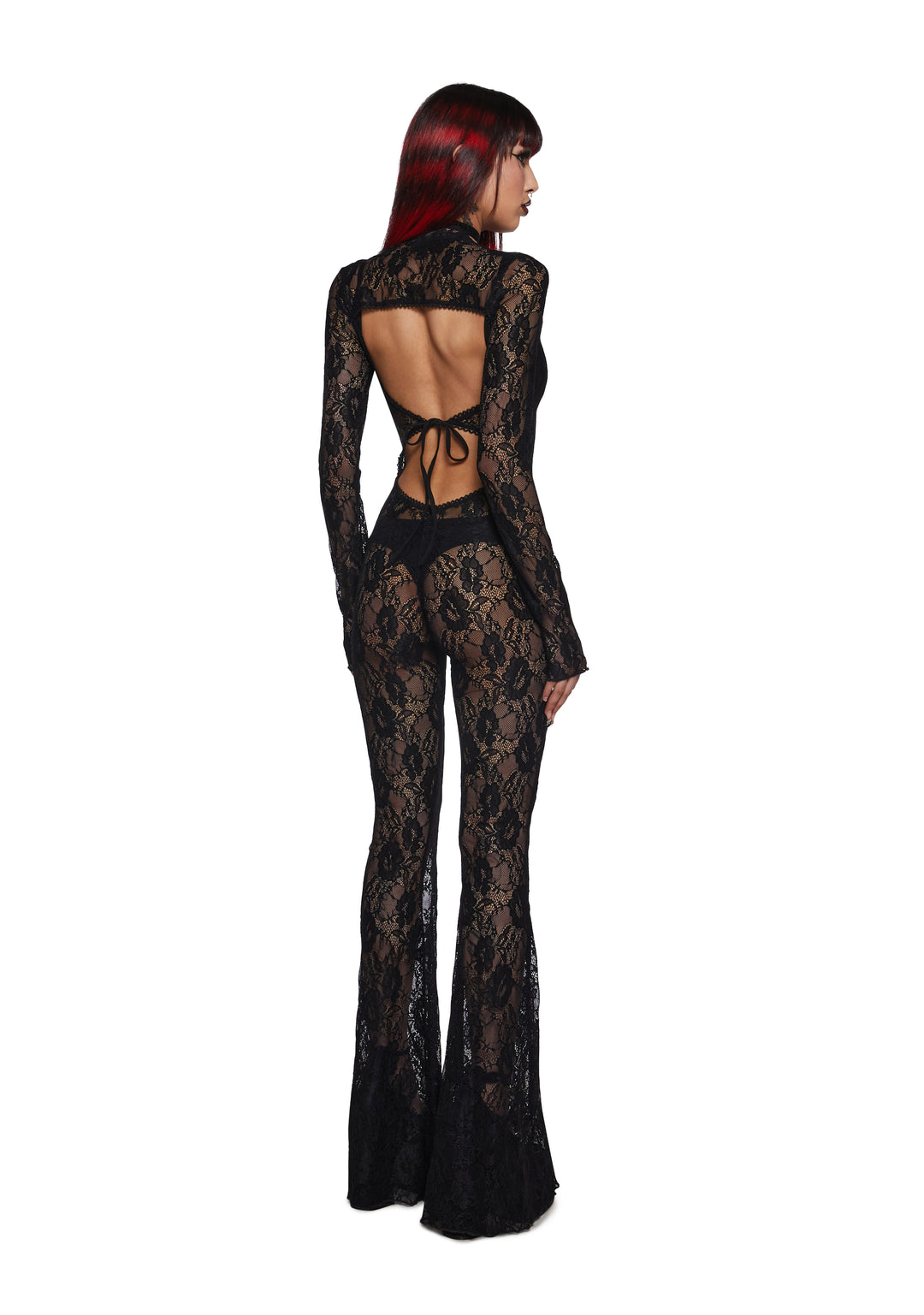 Sheer Lace Long Sleeve Open Back Jumpsuit Widow - Black - Image 2