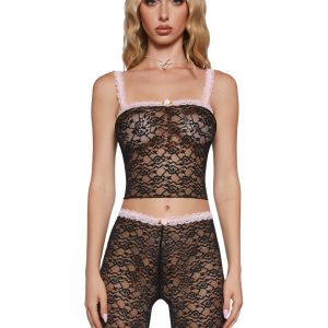 Womens Sexy Lounge Lace Tank And Shorts Set Current Mood - Black