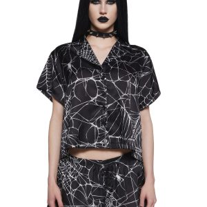 Satin Spiderweb All Over Print PJ Set Widow - Black