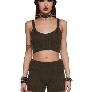 Soft Stretchy Cable Knit Tank Top Shorts Lounge Set Current Mood - Green