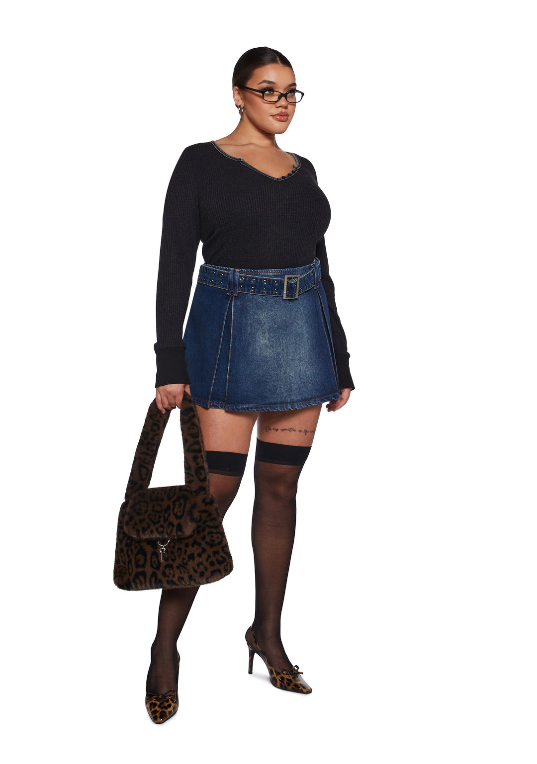 Womens Long Sleeve Waffle Knit Henley Top 90s Generation Kiss - Black - Image 10