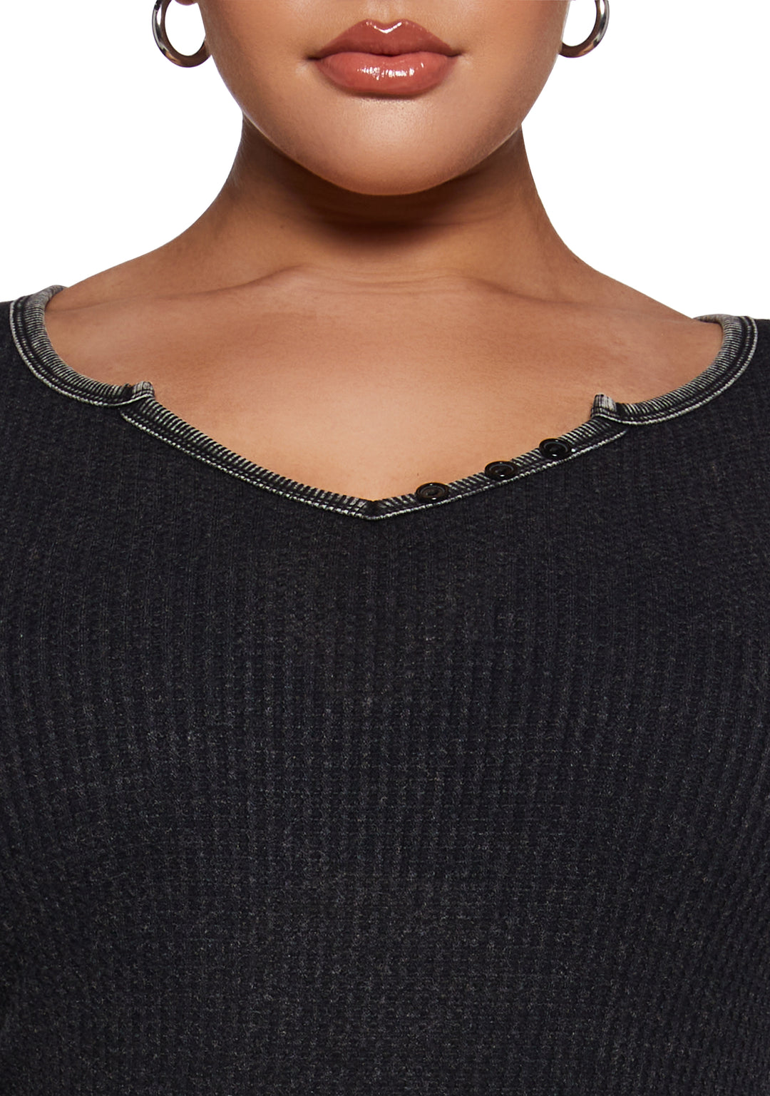 Womens Long Sleeve Waffle Knit Henley Top 90s Generation Kiss - Black - Image 11