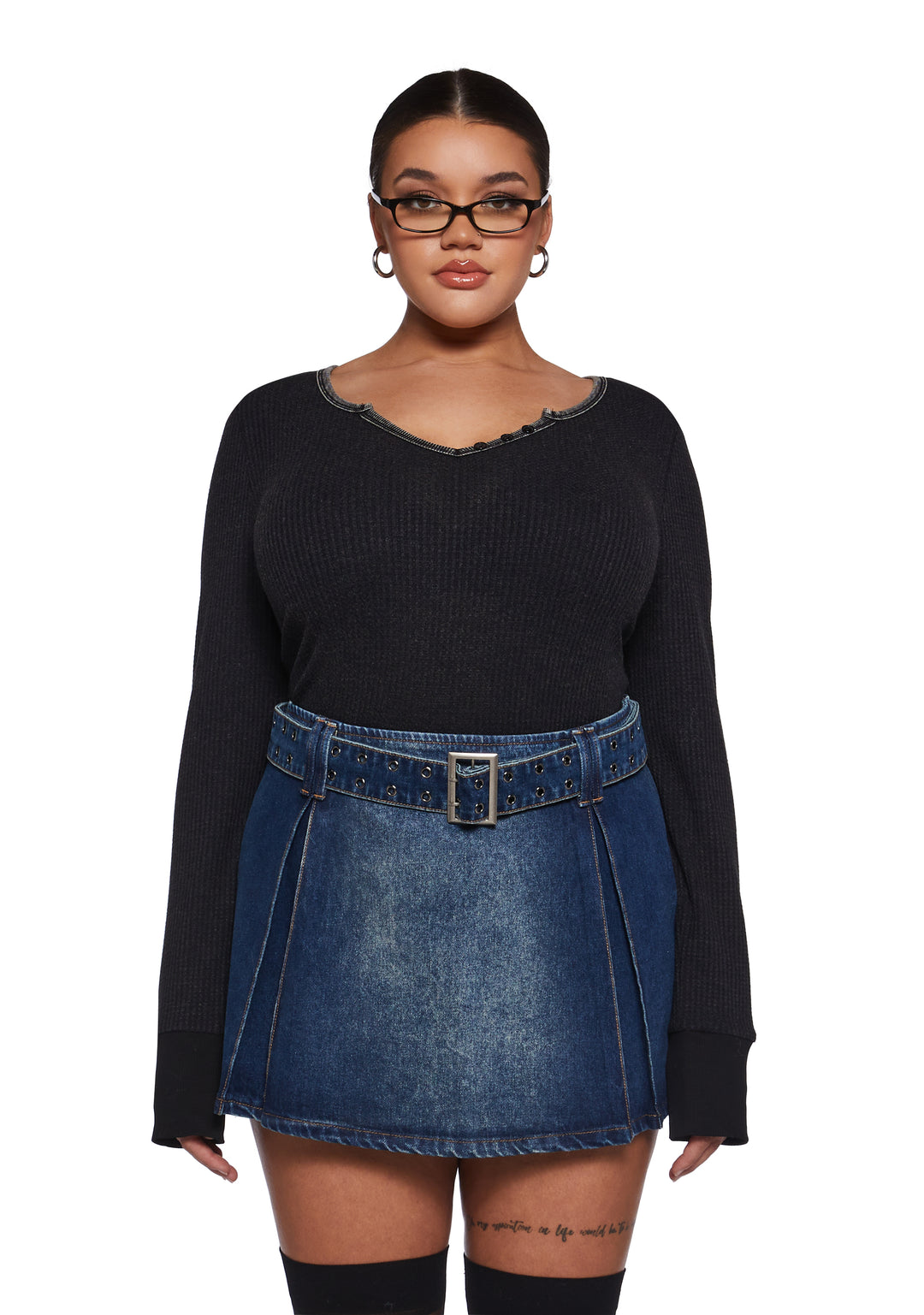 Womens Long Sleeve Waffle Knit Henley Top 90s Generation Kiss - Black - Image 2