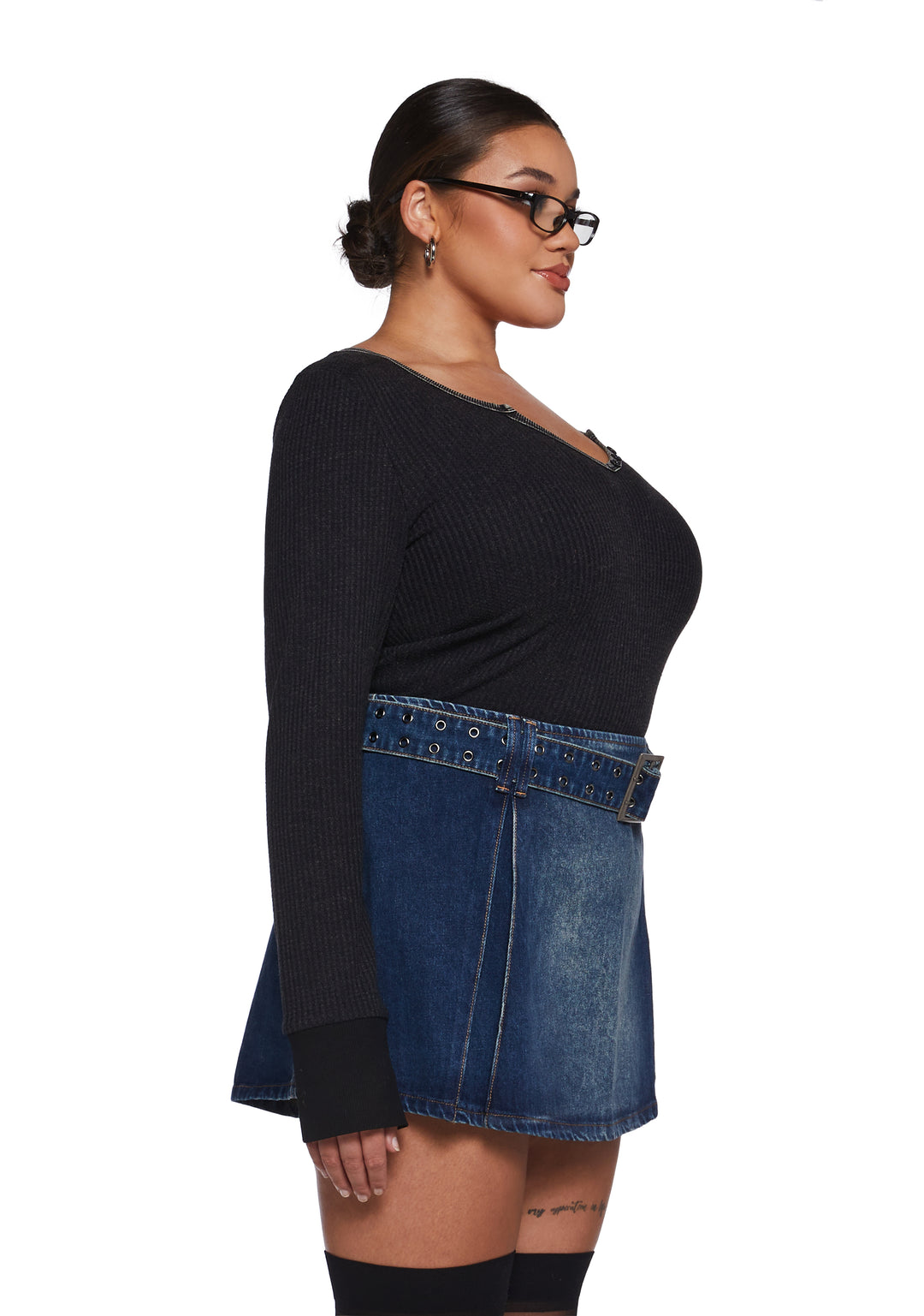 Womens Long Sleeve Waffle Knit Henley Top 90s Generation Kiss - Black - Image 7