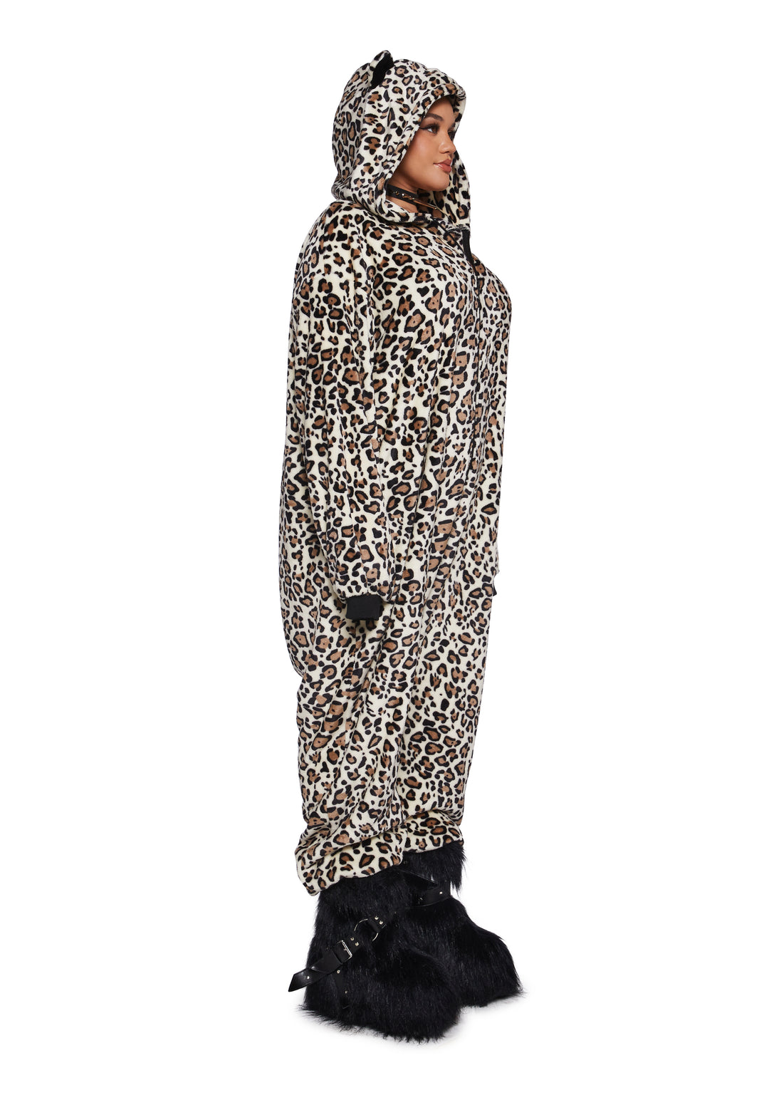 Plush Velour Leopard Print Hooded Zippered Jumpsuit Current Mood - Leopard - Image 8
