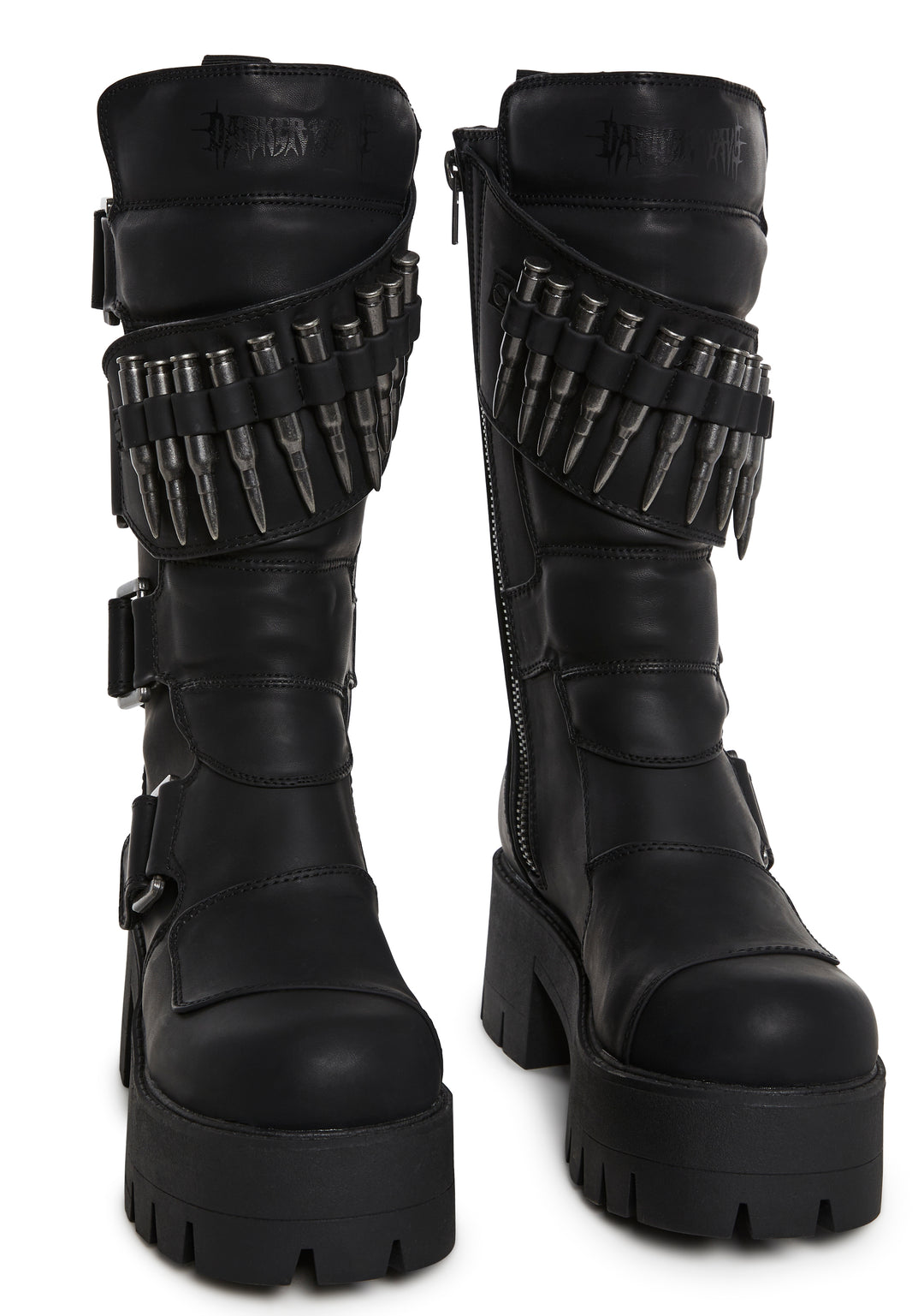 Matte Vegan Leather Buckled Bullet Ammunition Belt Combat Boots Darker Wavs - Black - Image 2