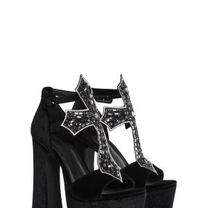 Velvet Gemstone Cross Platform Heels Dream Closet Widow - Black