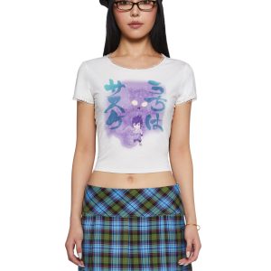 Dolls Kill x NARUTO SHIPPUDEN Sasuke Uchiha Chibi Graphic Print Ruffled Mesh Baby Tee - White