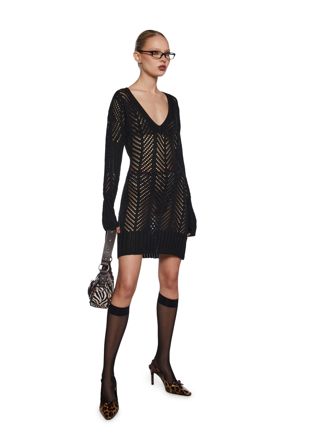 Womens Sexy Open Knit Mini Dress Generation Kiss - Black - Image 2