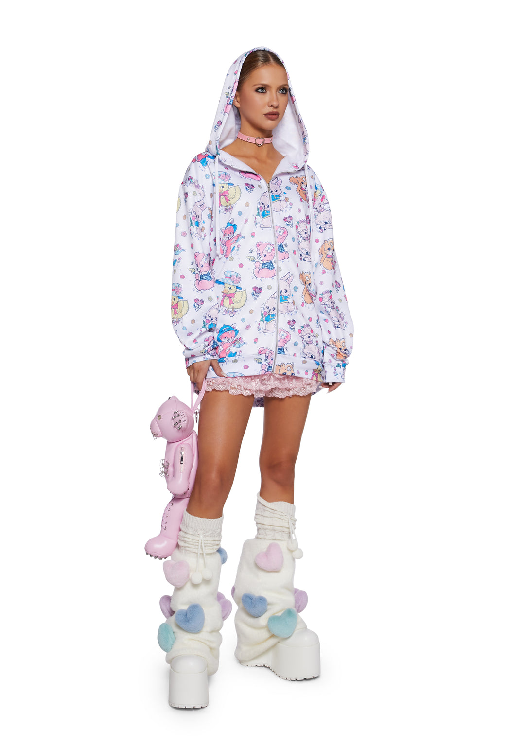 Cute Critters Graphic Print Zip-Up Hoodie Sugar Thrillz - White - Image 2