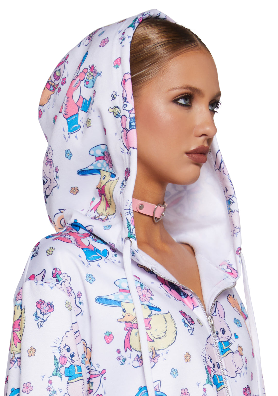 Cute Critters Graphic Print Zip-Up Hoodie Sugar Thrillz - White - Image 5