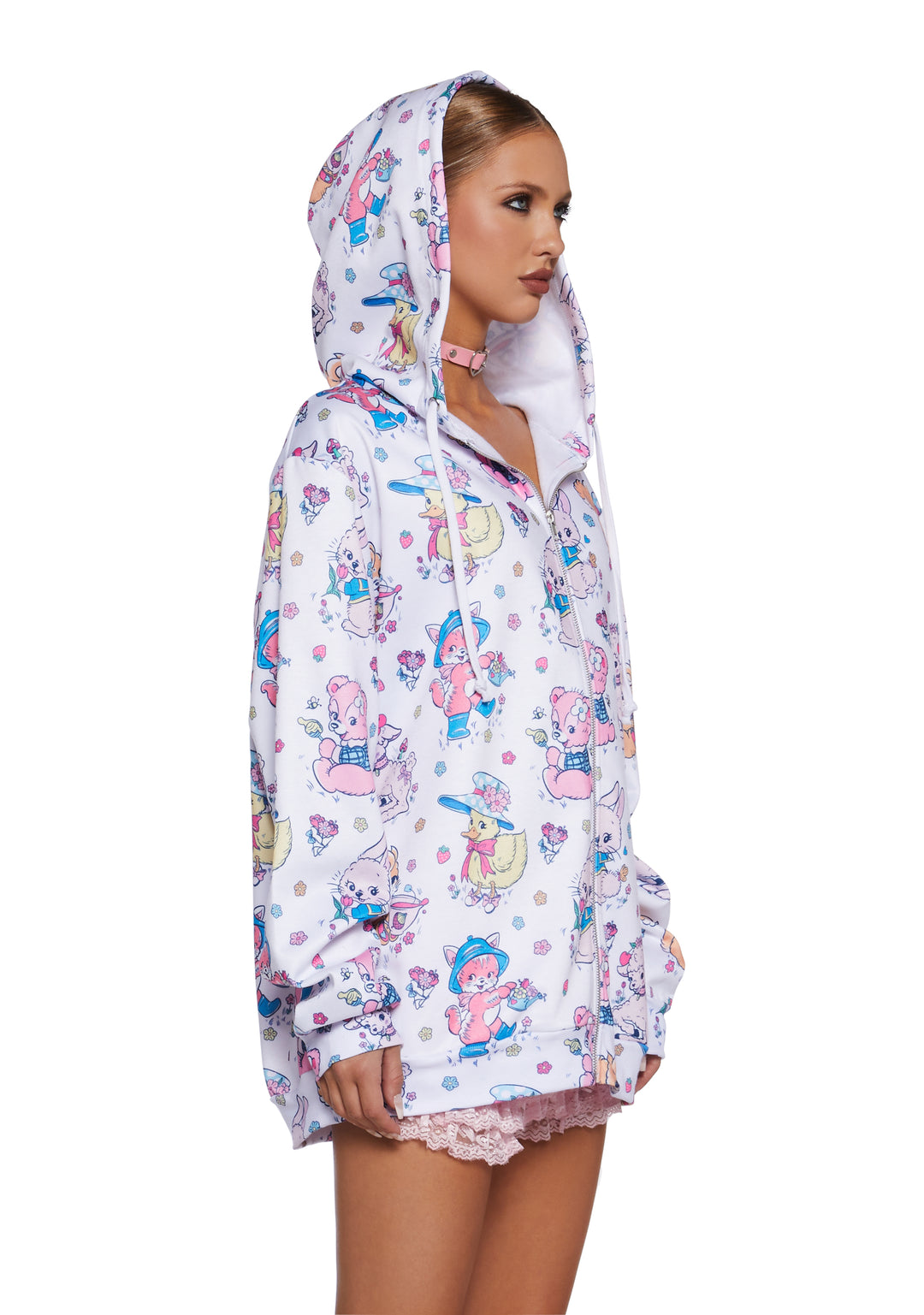 Cute Critters Graphic Print Zip-Up Hoodie Sugar Thrillz - White - Image 3