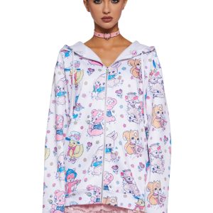 Cute Critters Graphic Print Zip-Up Hoodie Sugar Thrillz - White
