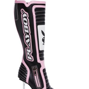 Dolls Kill x Playboy Playmate Vegan Leather Padded Moto Stiletto Boots - Black/Pink