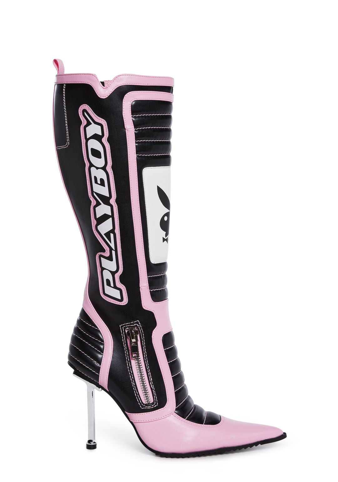 Dolls Kill x Playboy Playmate Vegan Leather Padded Moto Stiletto Boots - Black/Pink