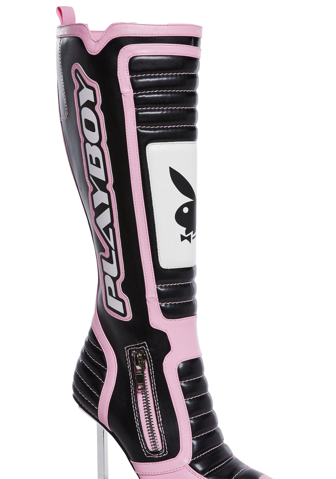 Dolls Kill x Playboy Playmate Vegan Leather Padded Moto Stiletto Boots - Black/Pink - Image 2