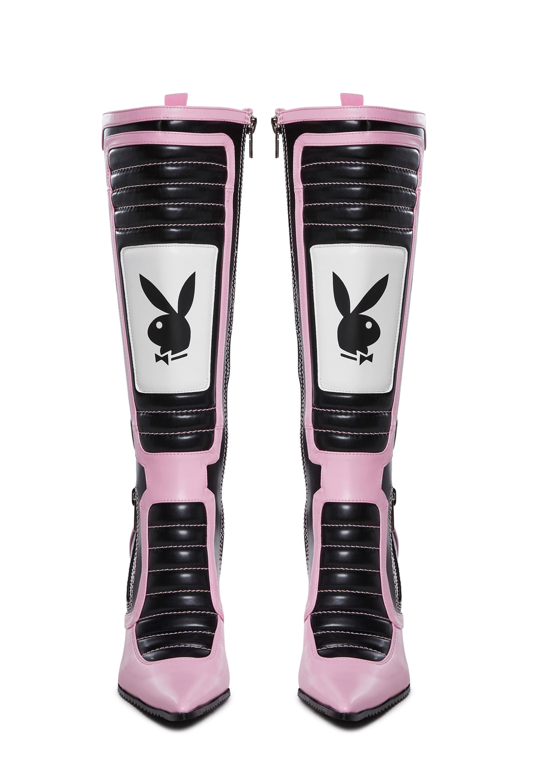 Dolls Kill x Playboy Playmate Vegan Leather Padded Moto Stiletto Boots - Black/Pink - Image 3