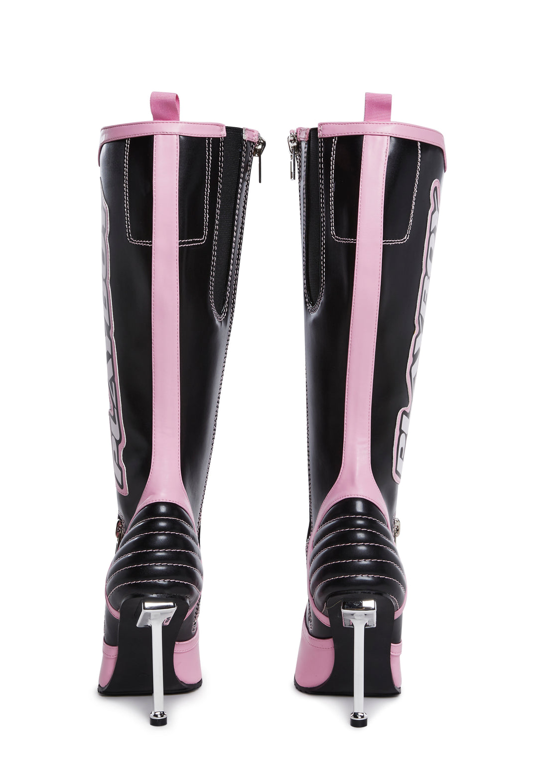 Dolls Kill x Playboy Playmate Vegan Leather Padded Moto Stiletto Boots - Black/Pink - Image 4