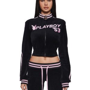 Dolls Kill x Playboy Playmate Velour Striped Logo Track Jacket - Black/Pink