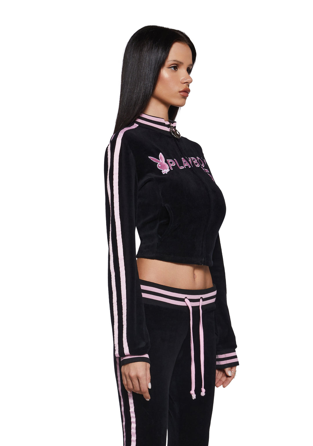 Dolls Kill x Playboy Playmate Velour Striped Logo Track Jacket - Black/Pink - Image 3