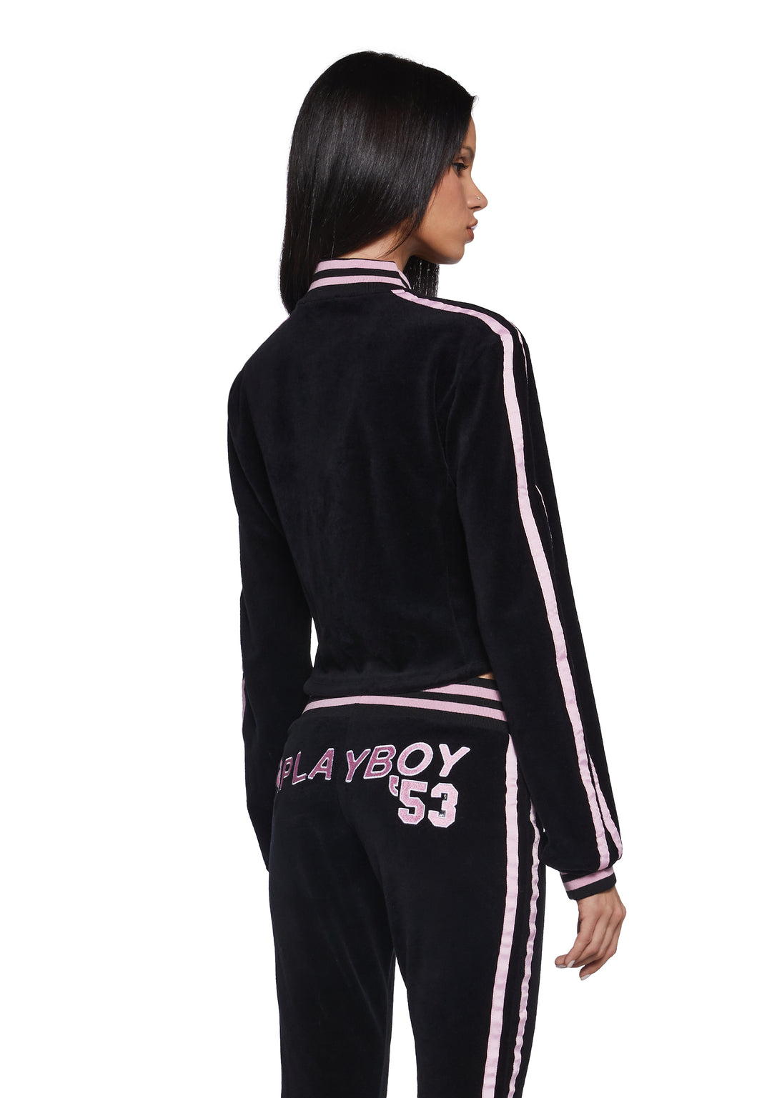 Dolls Kill x Playboy Playmate Velour Striped Logo Track Jacket - Black/Pink - Image 4