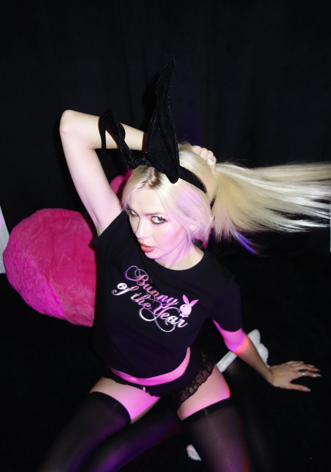 Dolls Kill x Playboy Playmate Stretchy Knit Glitter Bunny Of The Year Logo Graphic Baby Tee - Black - Image 7