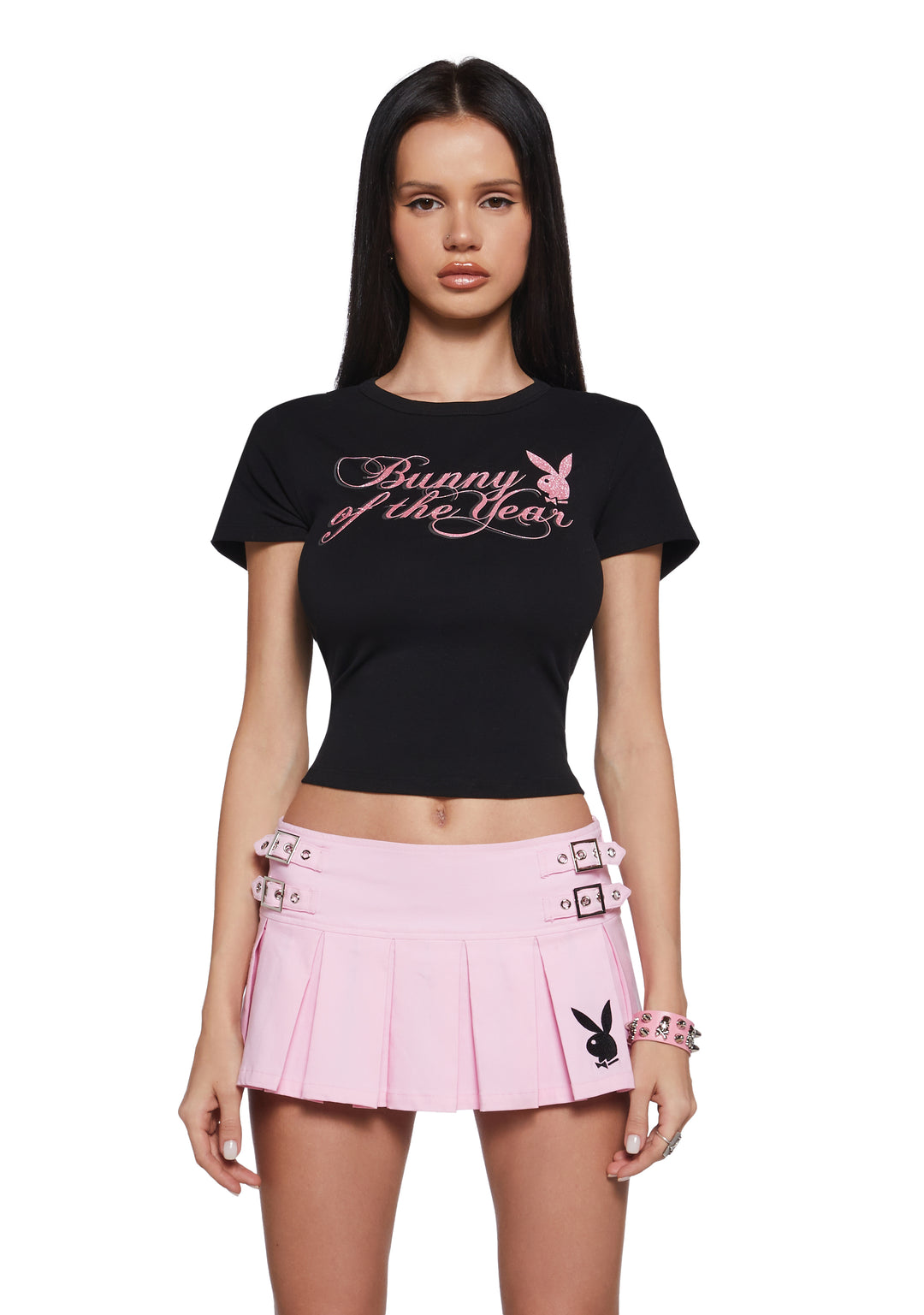 Dolls Kill x Playboy Playmate Stretchy Knit Glitter Bunny Of The Year Logo Graphic Baby Tee - Black