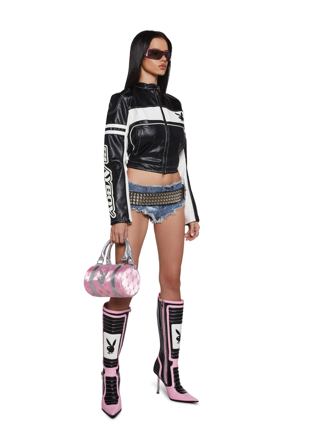 Dolls Kill x Playboy Playmate Vegan Leather Moto Cropped Jacket - Black/White - Image 2