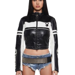 Dolls Kill x Playboy Playmate Vegan Leather Moto Cropped Jacket - Black/White