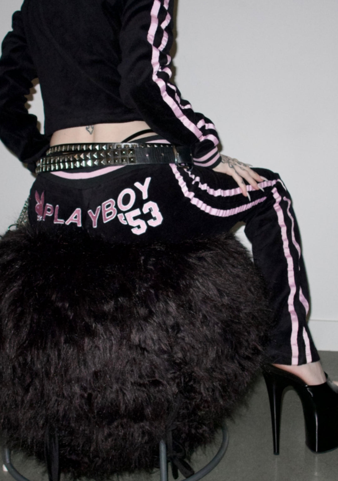 Dolls Kill x Playboy Playmate Velour Striped Logo Flared Track Pants - Black/Pink - Image 8