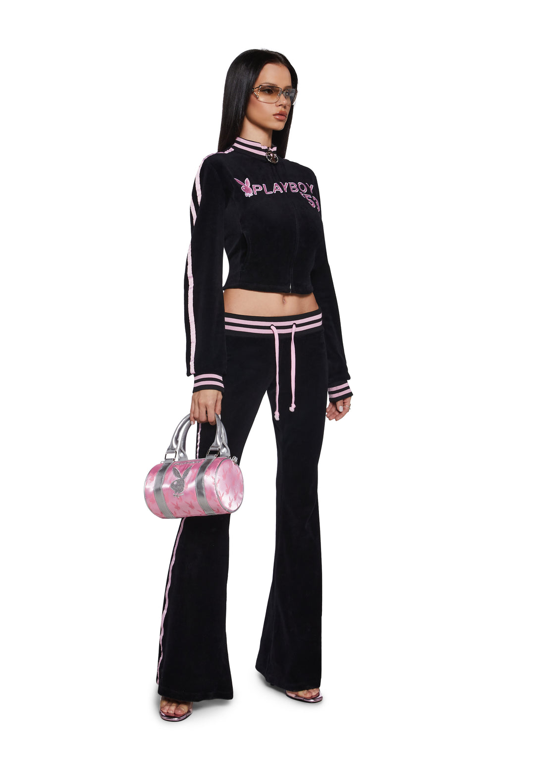 Dolls Kill x Playboy Playmate Velour Striped Logo Flared Track Pants - Black/Pink - Image 2