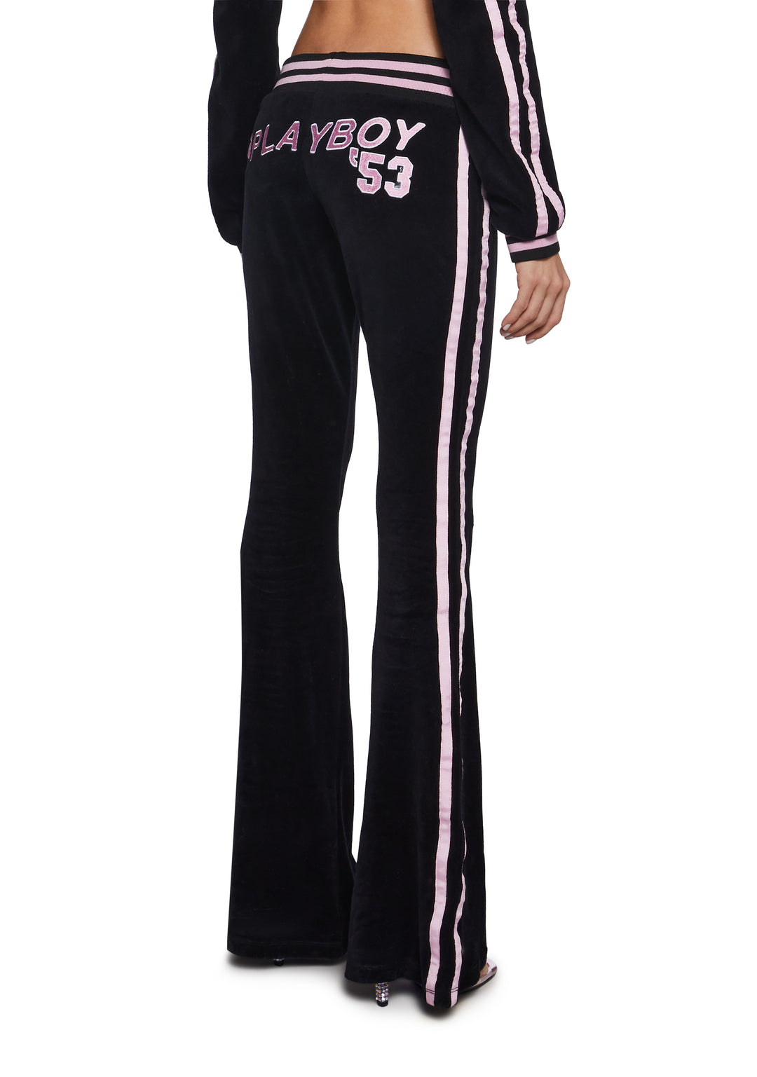 Dolls Kill x Playboy Playmate Velour Striped Logo Flared Track Pants - Black/Pink - Image 4